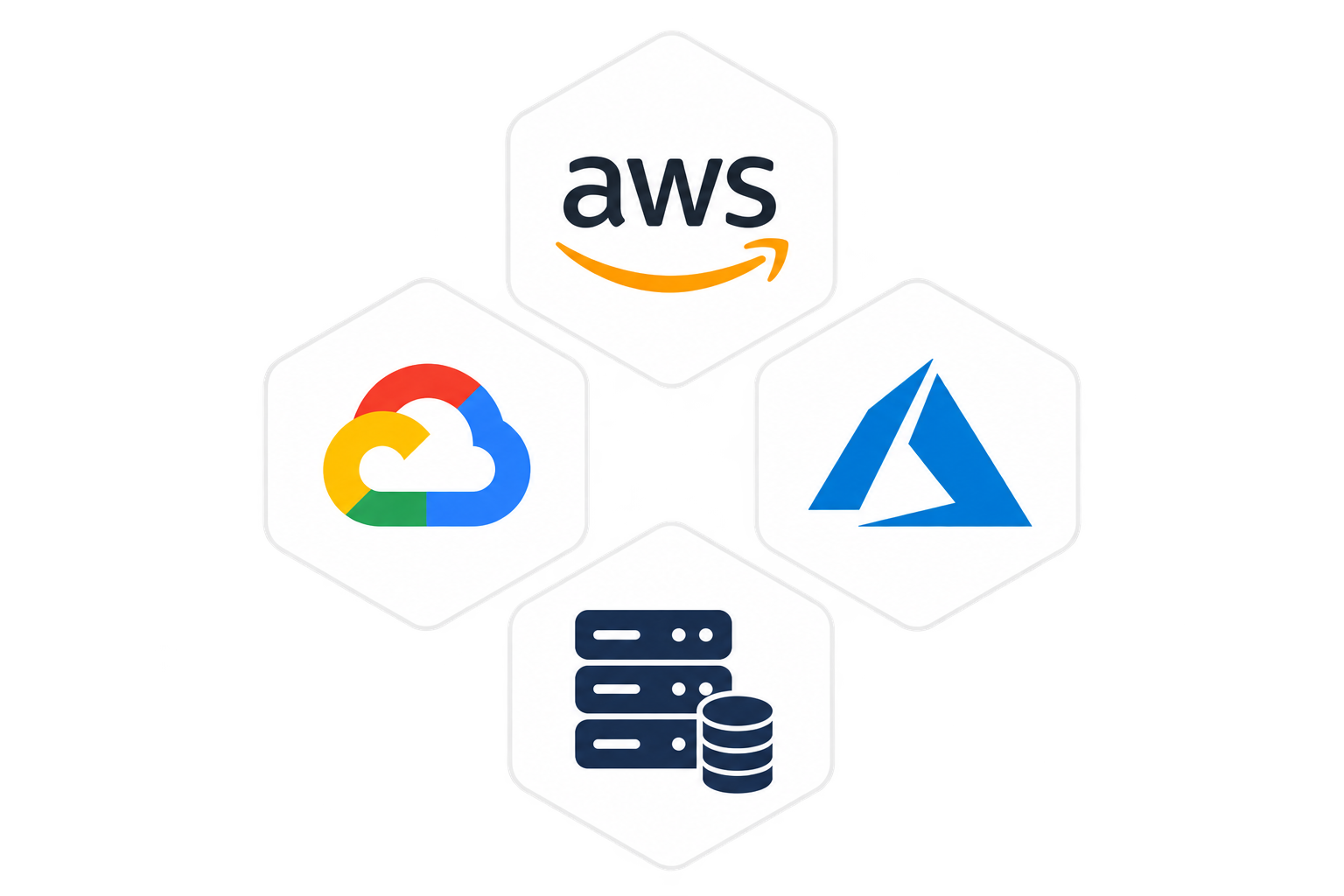 Logos de infraestructuras compatibles: AWS, Google Cloud, Azure y servidores propios